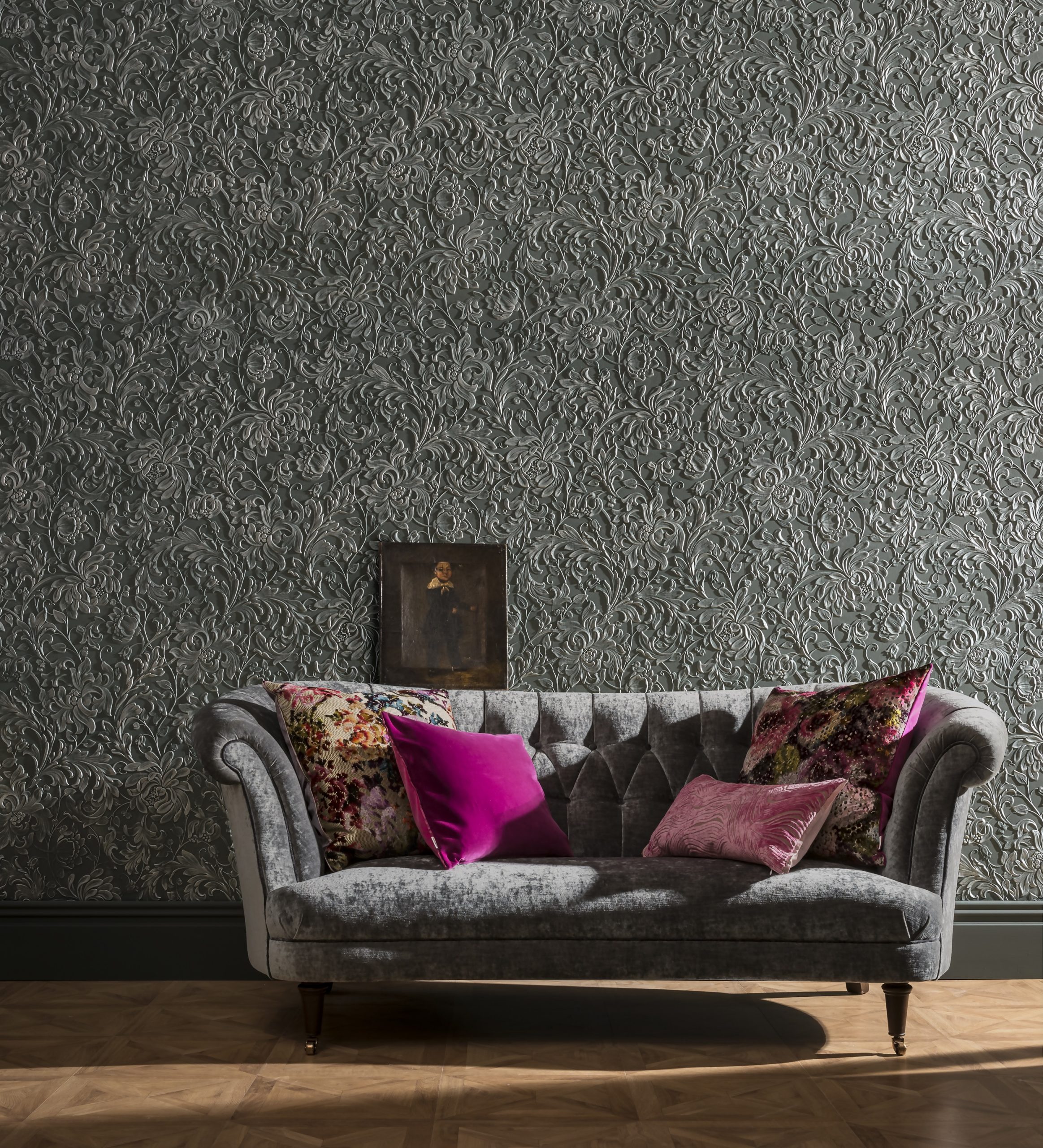 Luxury living room featuring Lincrusta Kelmscott embossed floral wallcovering in dark metallic finish