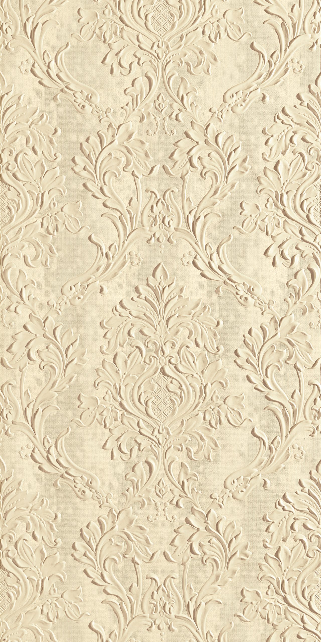 Lincrusta embossed damask wallcovering with ornate scrolling floral motifs