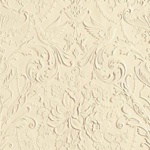 Ornate Lincrusta wallcovering with embossed floral, scroll and bird motif design in cream finish
