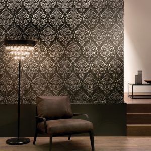 Dark embossed Lincrusta wallcovering with ornate damask pattern in a contemporary luxury interior