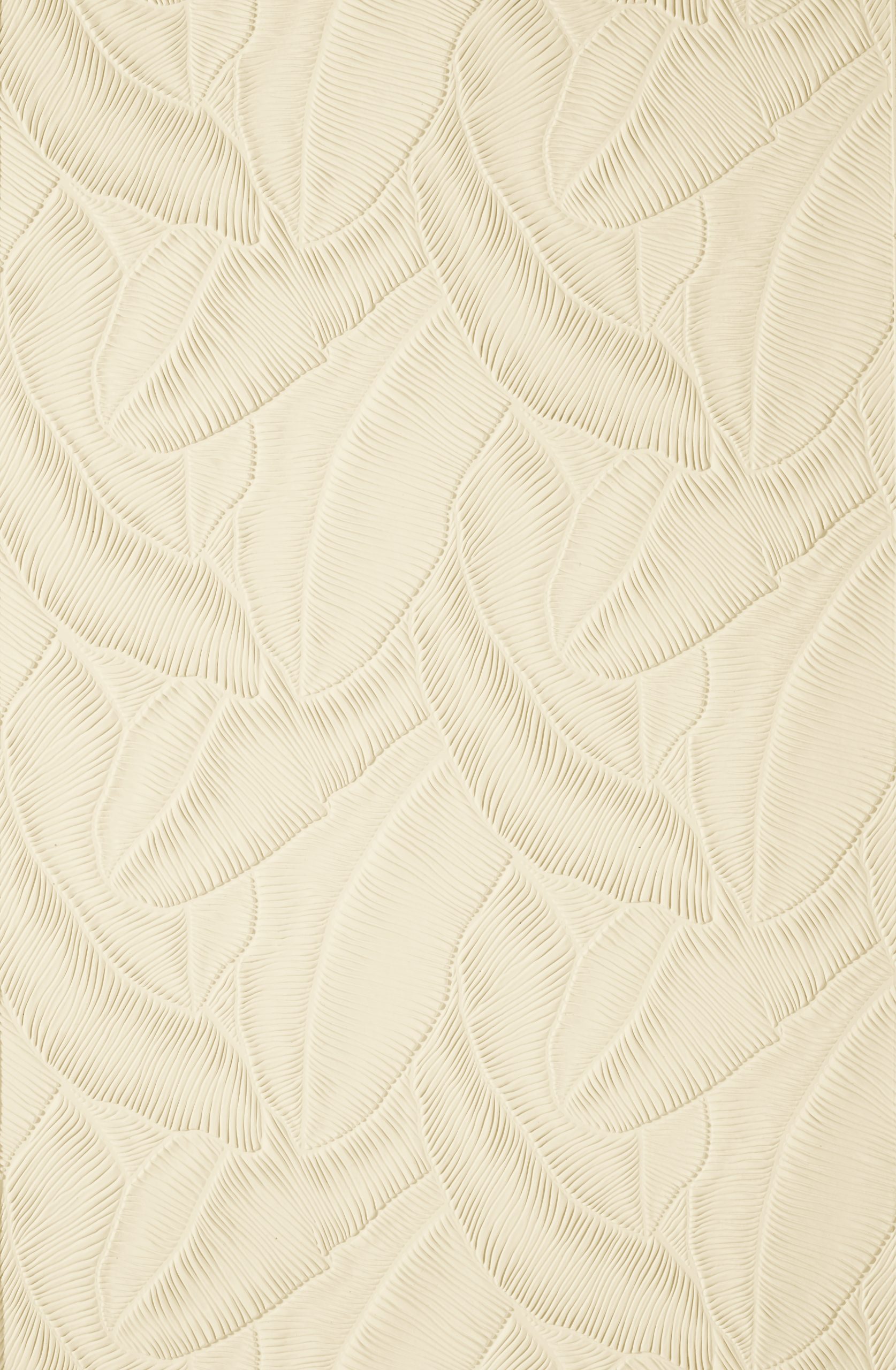 Lincrusta embossed wallcovering with overlapping tropical leaf pattern and textured detailing