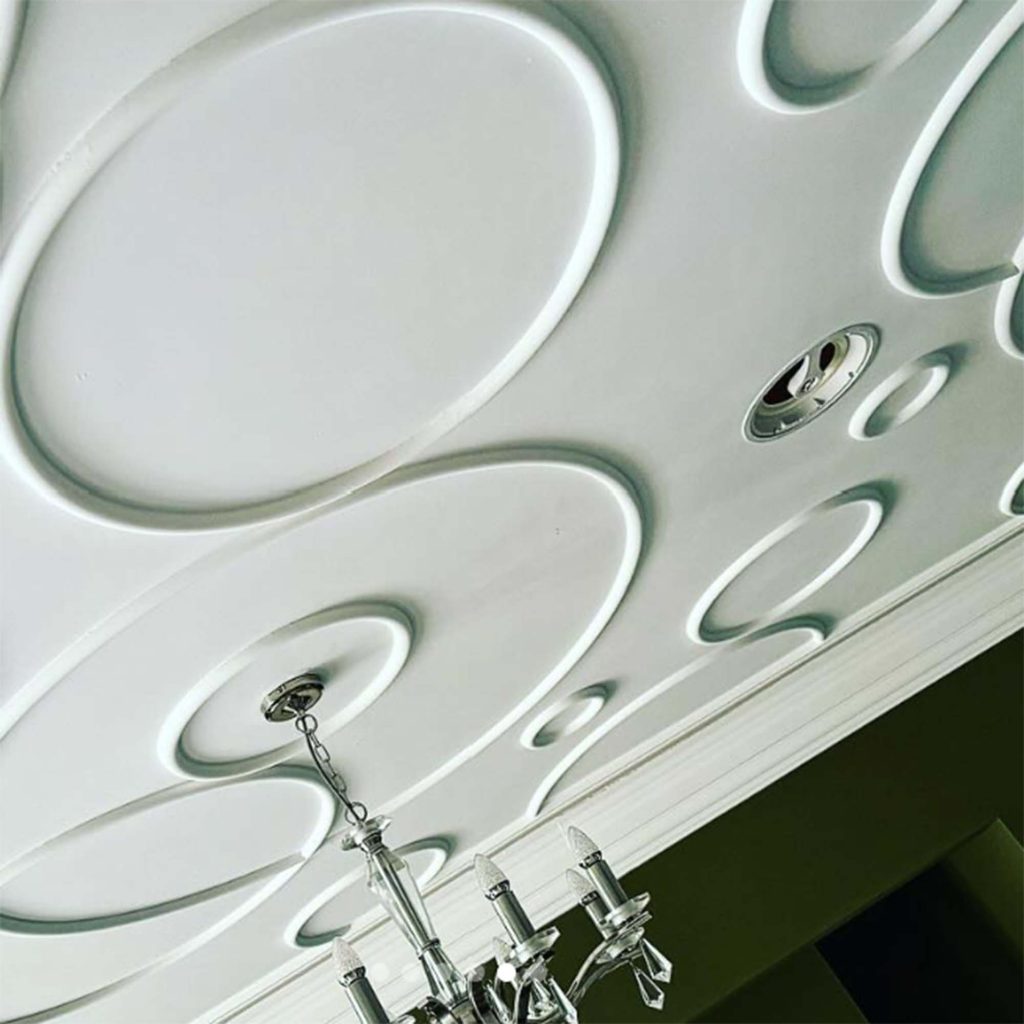 Modern bespoke fibrous plaster ceiling design with decorative circular plaster mouldings