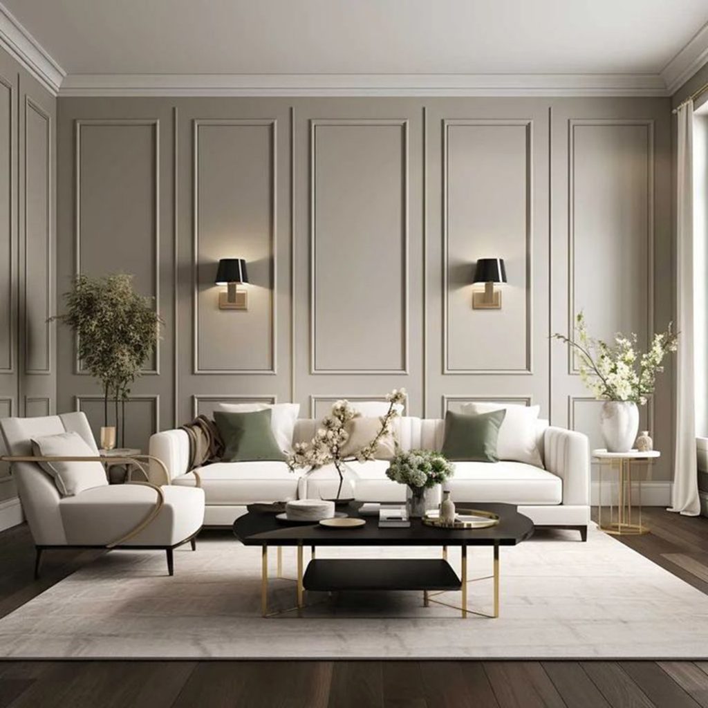 Elegant living room featuring decorative handmade plaster wall panels with classic panel mouldings and contemporary styling.