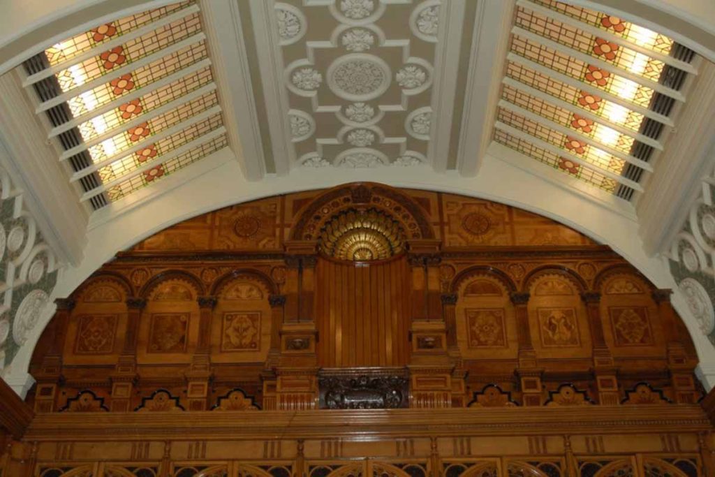 Decorative plaster ceiling and mouldings within the Shakespeare Memorial Room at Birmingham Central Library.