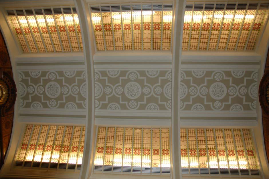 Decorative fibrous plaster ceiling panels and heritage mouldings in the Shakespeare Memorial Room at Birmingham Central Library.