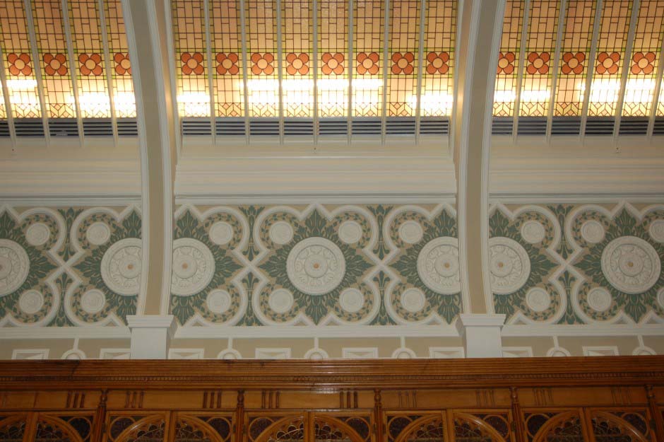 Decorative fibrous plaster mouldings and restored ceiling details in the Shakespeare Memorial Room at Birmingham Central Library.