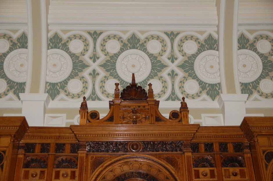 Ornamental fibrous plaster wall panels and decorative mouldings in the Shakespeare Memorial Room at Birmingham Central Library.