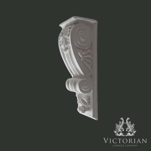 Handmade plaster corbel side profile showing scroll and acanthus leaf design