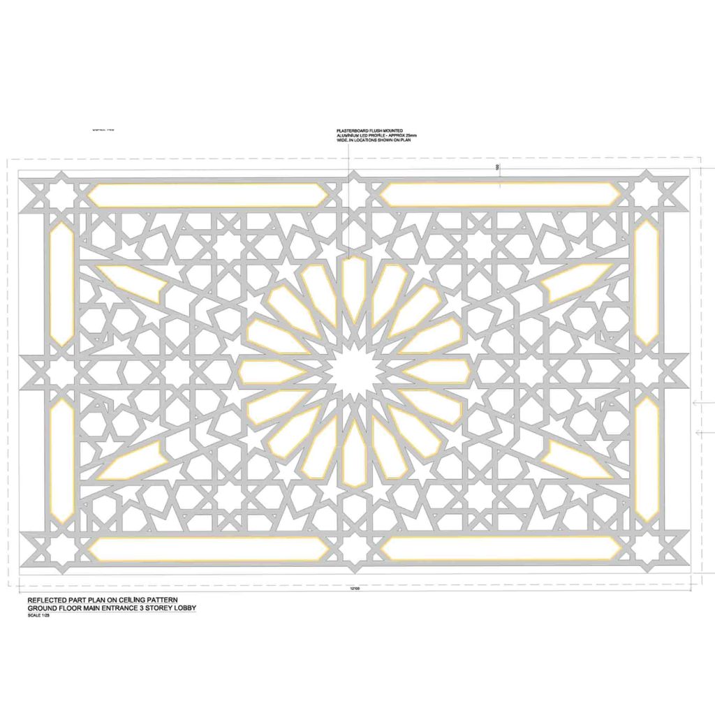 Reflected ceiling plan showing the geometric plaster ceiling design for Birmingham Central Mosque