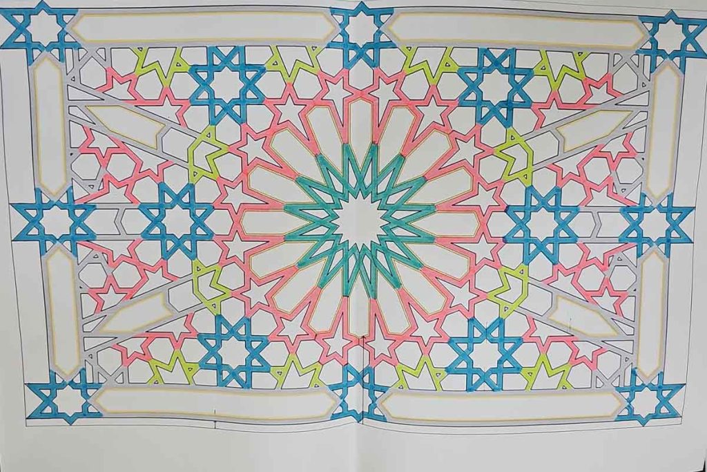 Colour-coded ceiling design showing how the individual plaster shapes were identified for Birmingham Central Mosque.