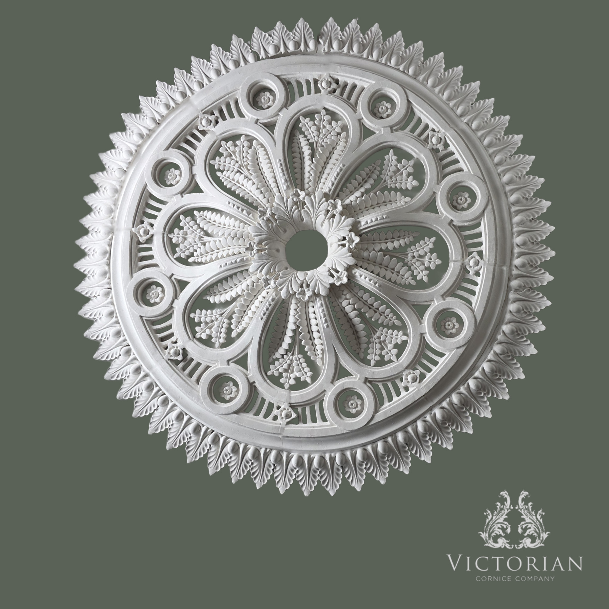 R20 handmade multi-piece plaster ceiling rose with pierced Victorian foliage design, 1050mm diameter.