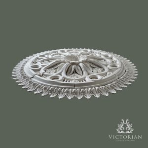 R20 Handmade Multi-Piece Plaster Ceiling Rose – Side Profile Side profile of the R20 handmade multi-piece plaster ceiling rose showing its deep layered profile and pierced detailing.