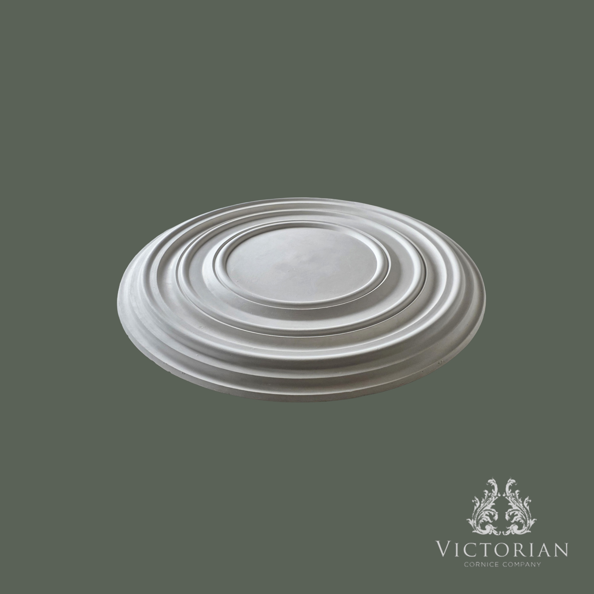 Side profile of the R3B handmade plain plaster ceiling rose showing its shallow stepped concentric ring profile.