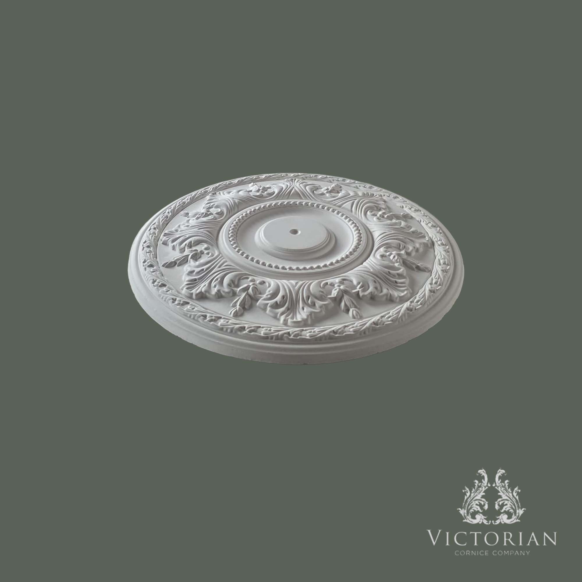 Side profile of the R58 plaster ceiling rose showing its handcrafted depth and decorative moulded detail.